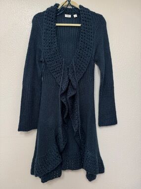 Cato Women's Dark Teal Knit Ruffle-Front Cardigan